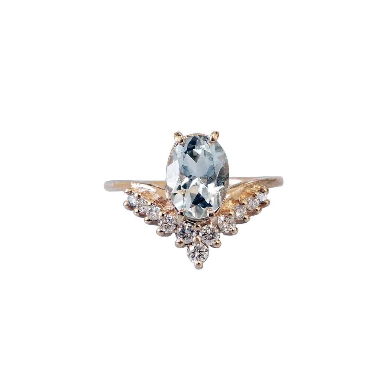 8x6MM Oval Aquamarine Diamond Yellow Gold Engagement Ring For Sale at ...