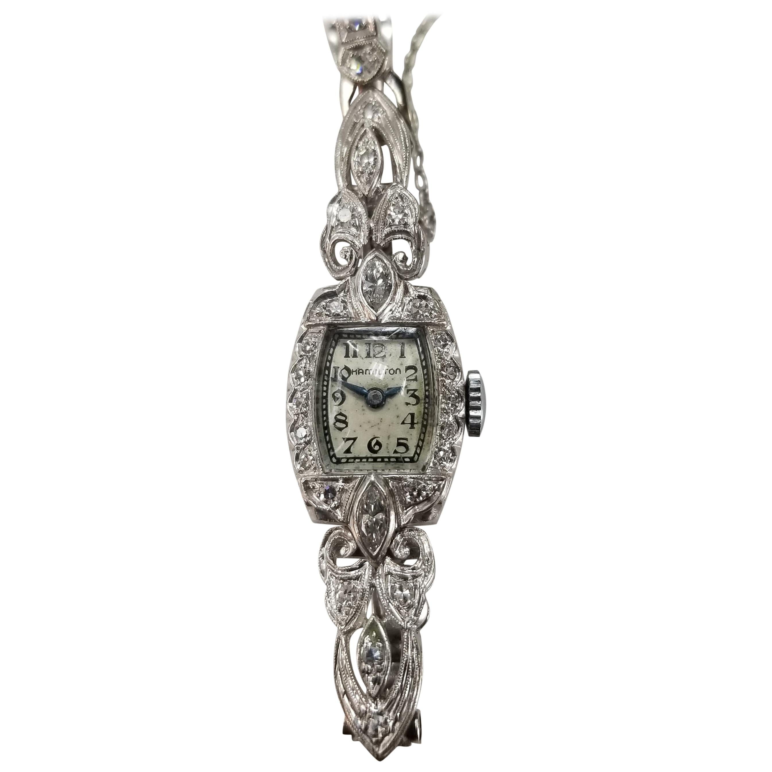 14 Karat Art Deco Style Diamond "Hamilton" Watch with Diamonds on Link Bracelet
