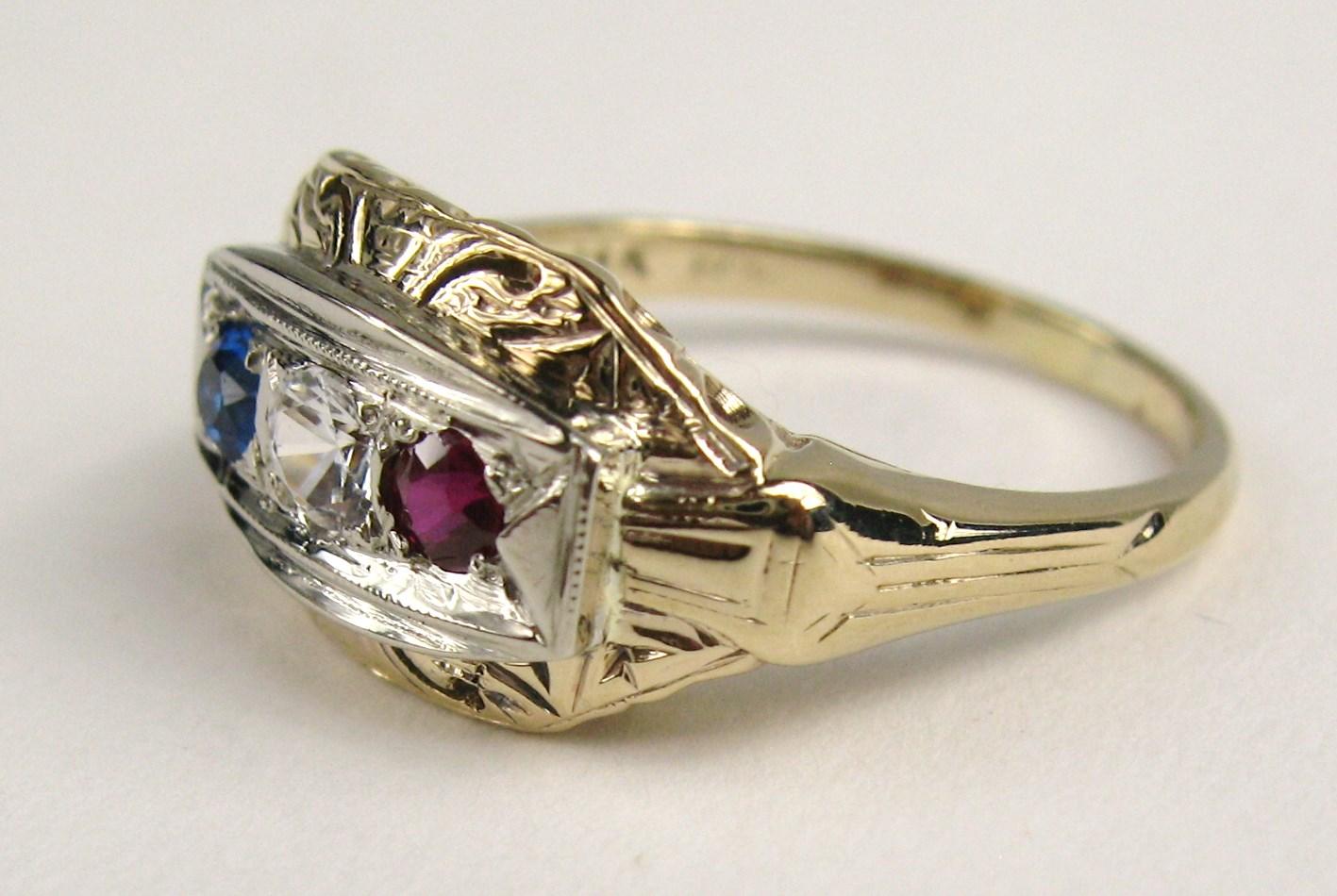 Women's or Men's 14 Karat Art Deco Ring Red, White and Blue, 1920s For Sale
