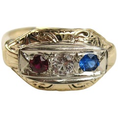 14 Karat Art Deco Ring Red, White and Blue, 1920s
