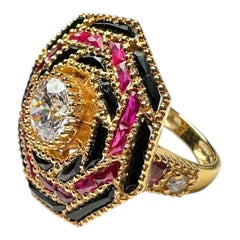 Anillo solitario Art Decó de 14 quilates con rubí y diamantes talla francesa