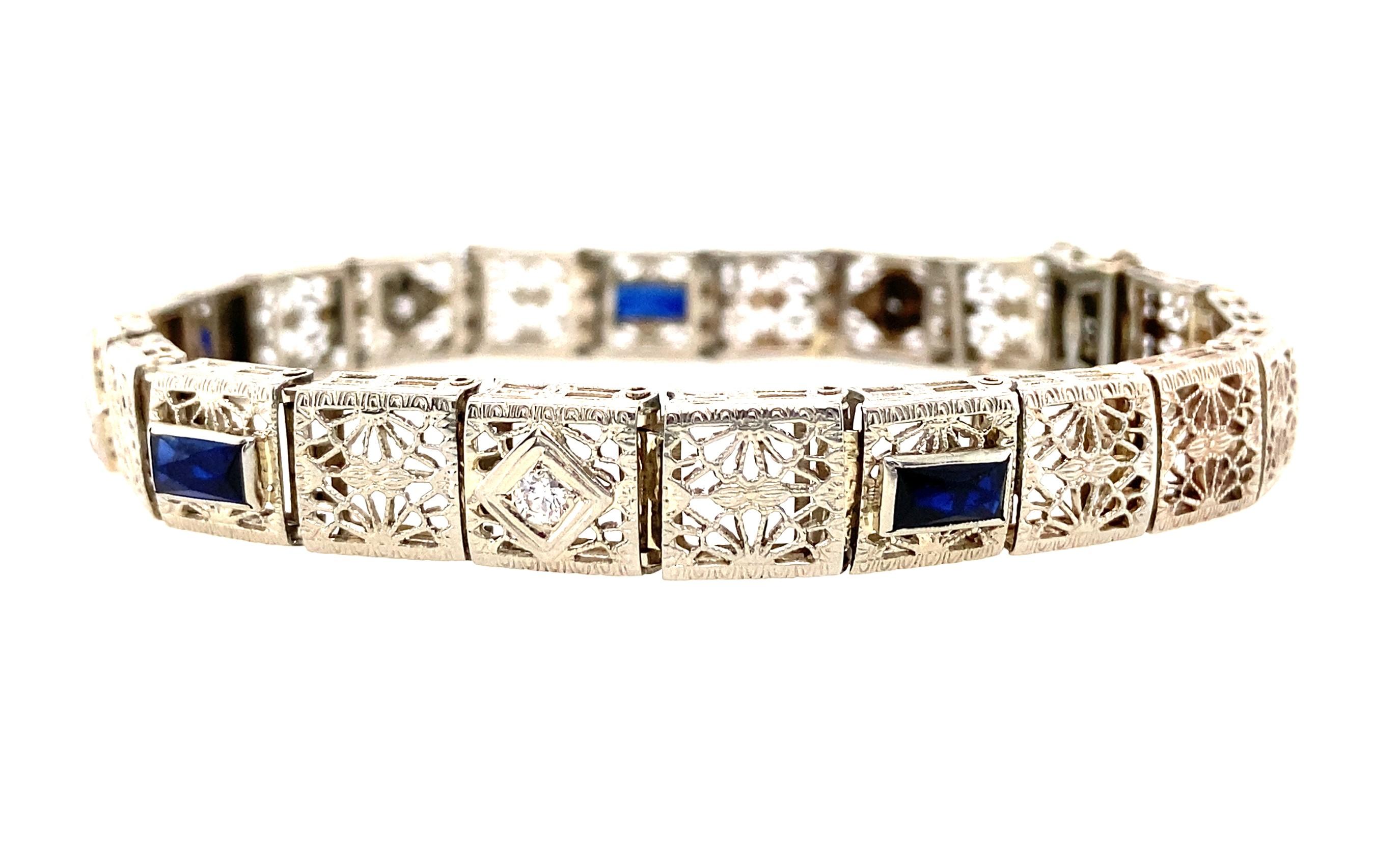 Old European Cut 14 Karat Art Deco Sapphire and Diamond Bracelet For Sale