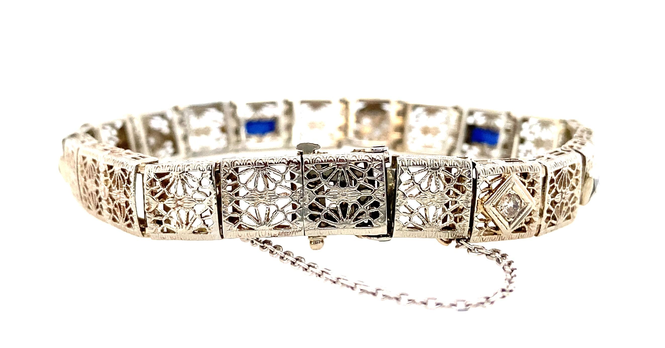 Art Deco Saphir und Diamant durchbrochenes Weißgoldarmband aus den 1920er - 30er Jahren (Alteuropäischer Schliff)
