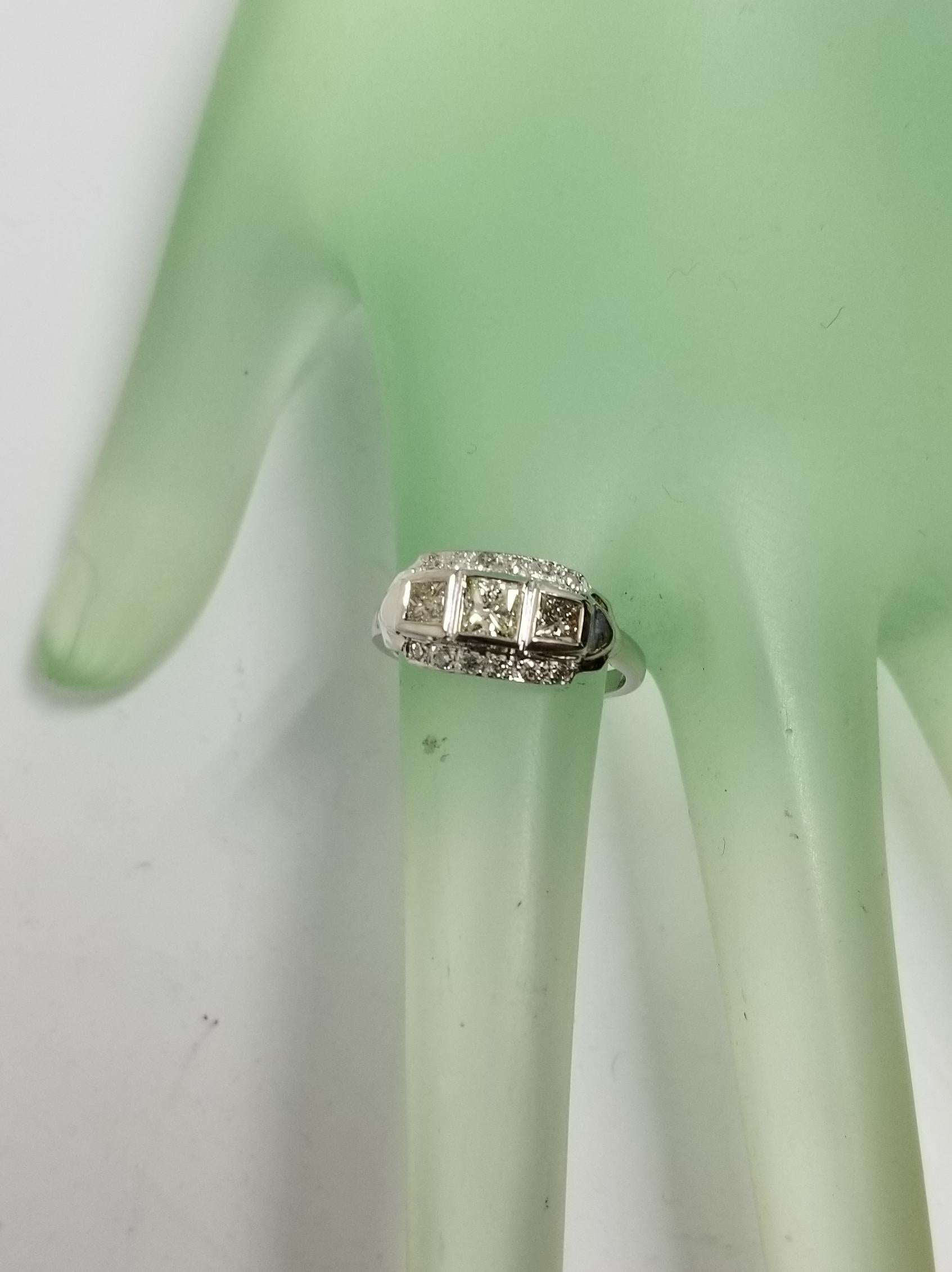 14 Karat Art Deco Style Diamond Filigree Ring with 3 Princess Cut Diamonds For Sale 2