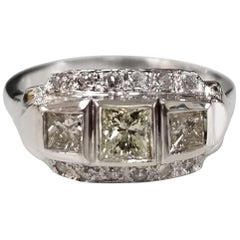 14 Karat Art Deco Style Diamond Filigree Ring with 3 Princess Cut Diamonds