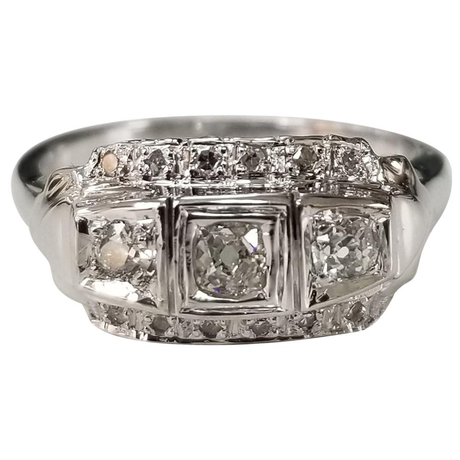 14 Karat Art Deco Style Diamond Filigree Ring with Rose Cut Diamonds For Sale