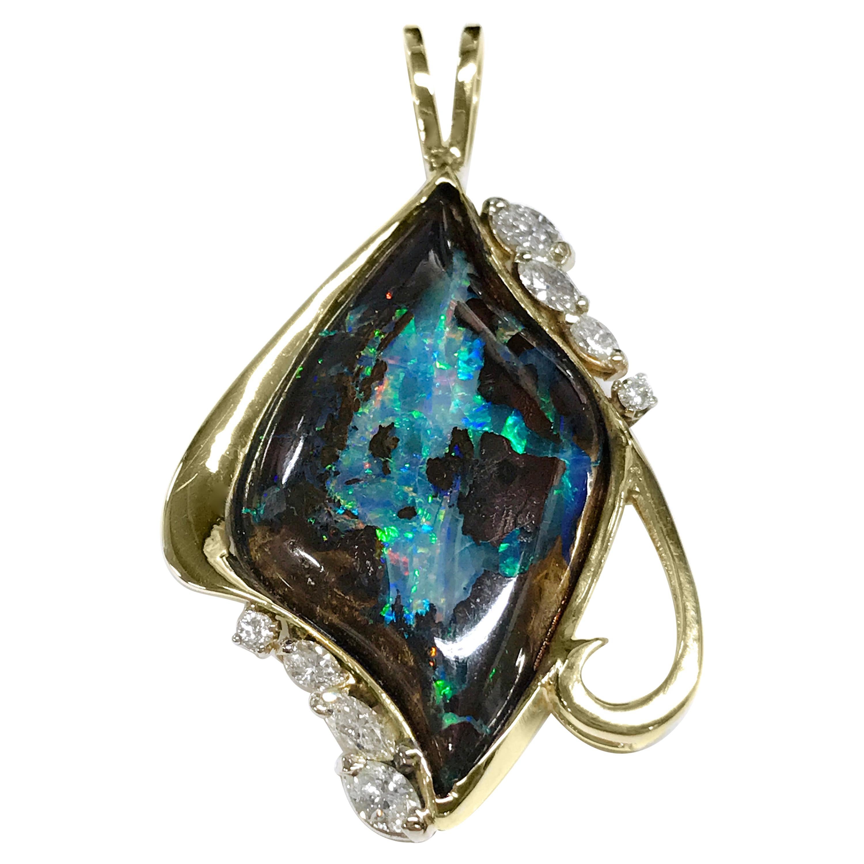 14 Karat Australian Boulder Opal Diamond Pendant For Sale at 1stDibs