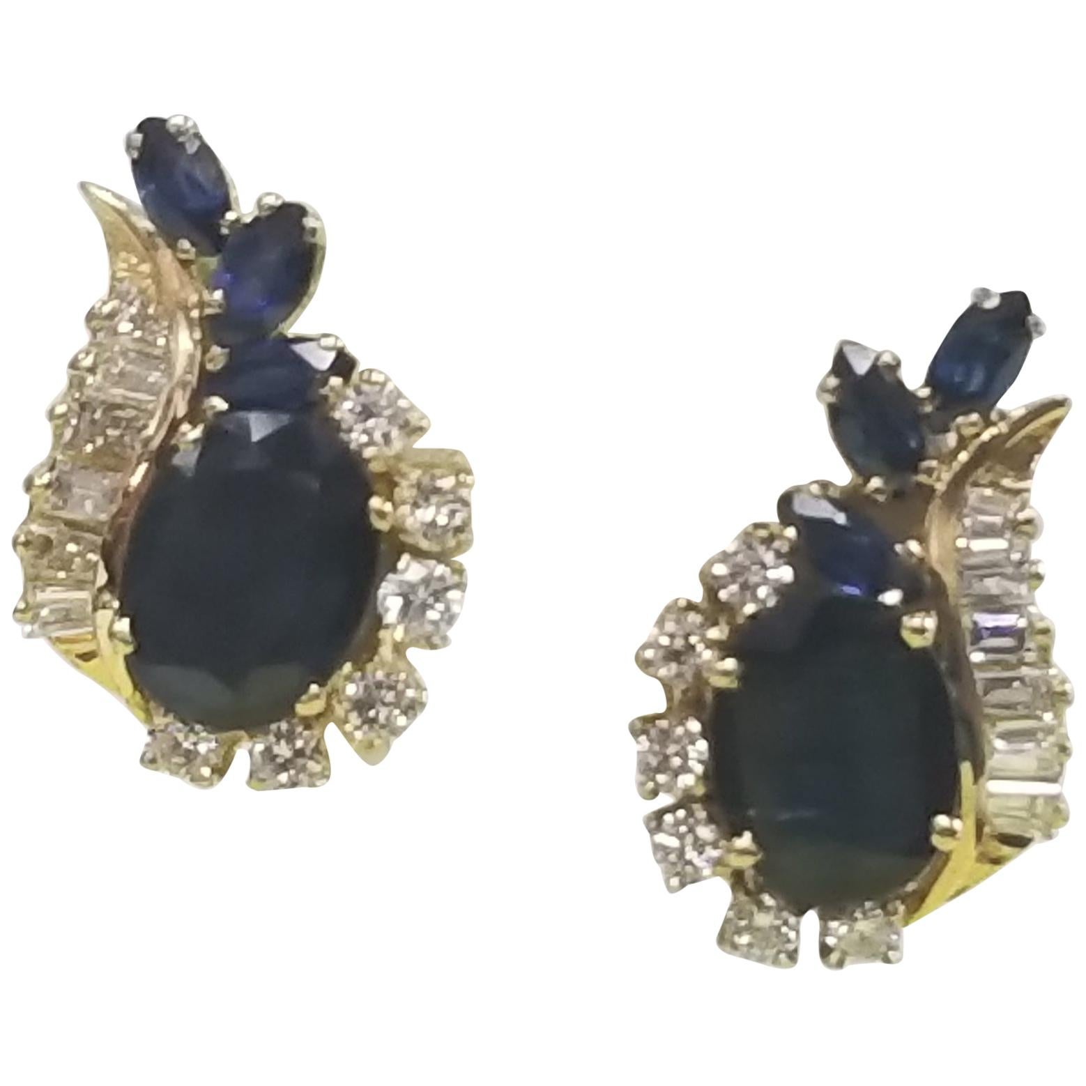 14 Karat Beautiful Diamond and Sapphire Earrings with Right and Left Earrings