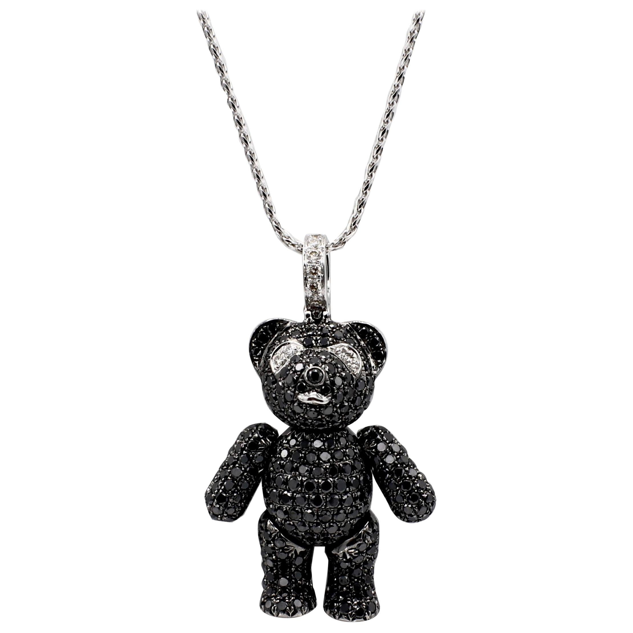 14 Karat Black Diamond Movable Teddy Bear Drop Pendant Necklace