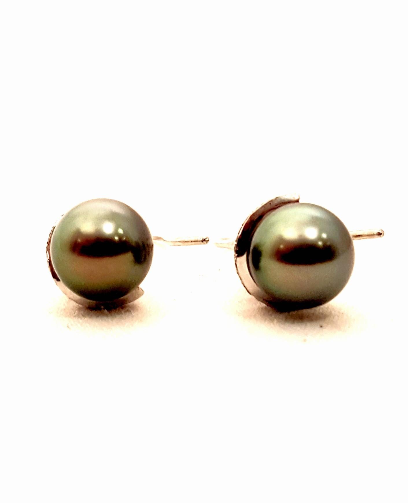 Contemporary 14 Karat Black Pearl and Swirled White Diamonds Pierced Earrings For Sale