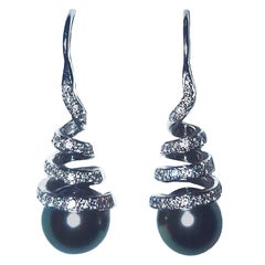 14 Karat Black Pearl and Swirled White Diamonds Pierced Earrings