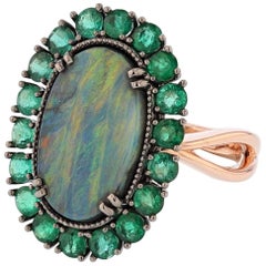 14 Karat Black Rhodium and Rose Gold Australian Black Opal and Emerald Ring