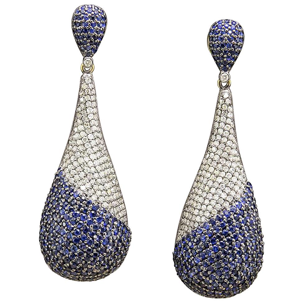 14 Karat Blackened Gold Blue and White Diamond Teardrop Earrings For Sale