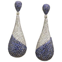 14 Karat Blackened Gold Blue and White Diamond Teardrop Earrings