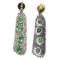 14 Karat Blackened Gold Victorian Style Emerald and Diamond Drop Earrings
