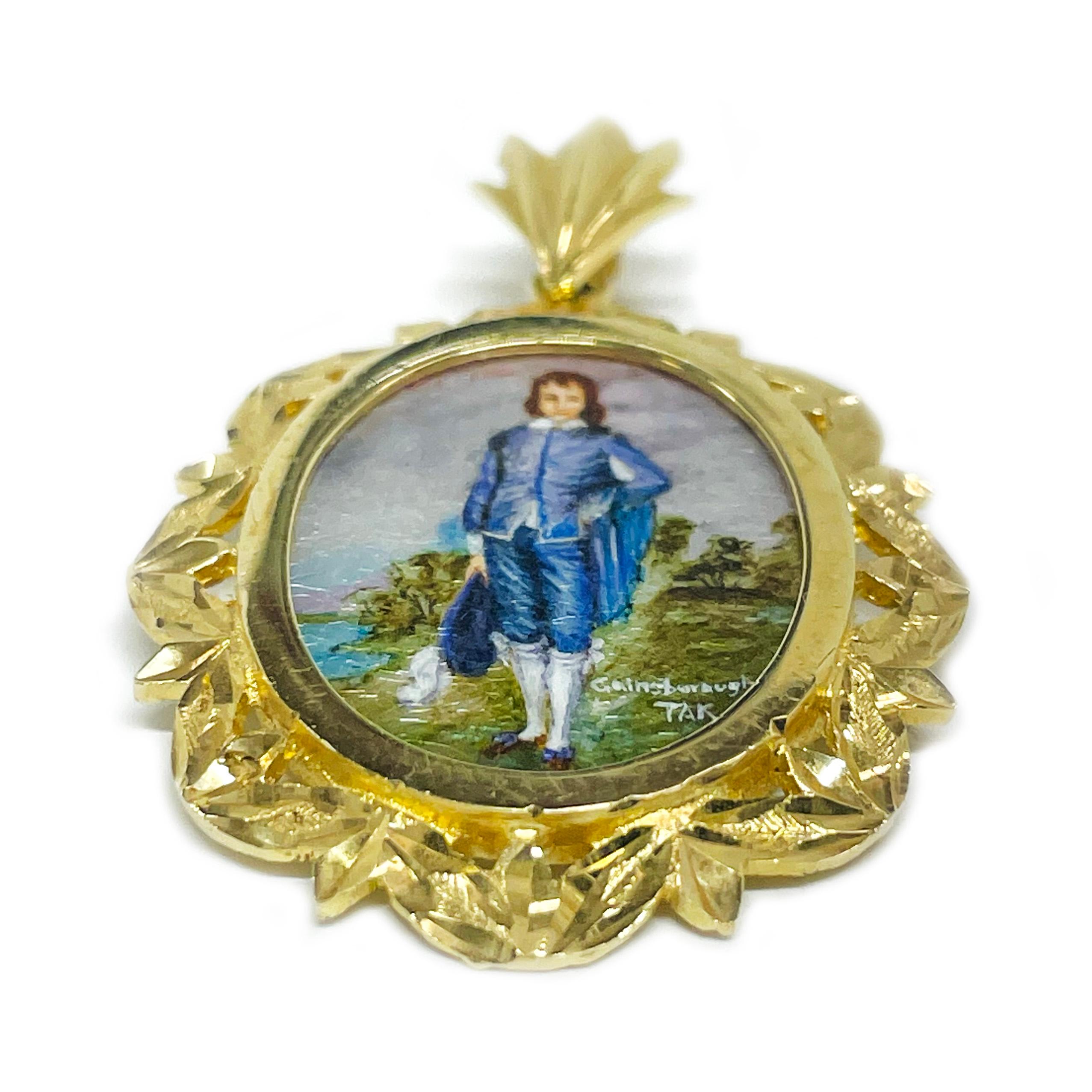 14 Karat Yellow Gold 'Blue Boy' Hand Painted Mother of Pearl Pendant. Absolutely lovely recreated Thomas Gainsborough's 'Blue Boy' painting. The miniature painting is set in a 14 karat gold ornate oval frame with diamond-cut details. The painting is