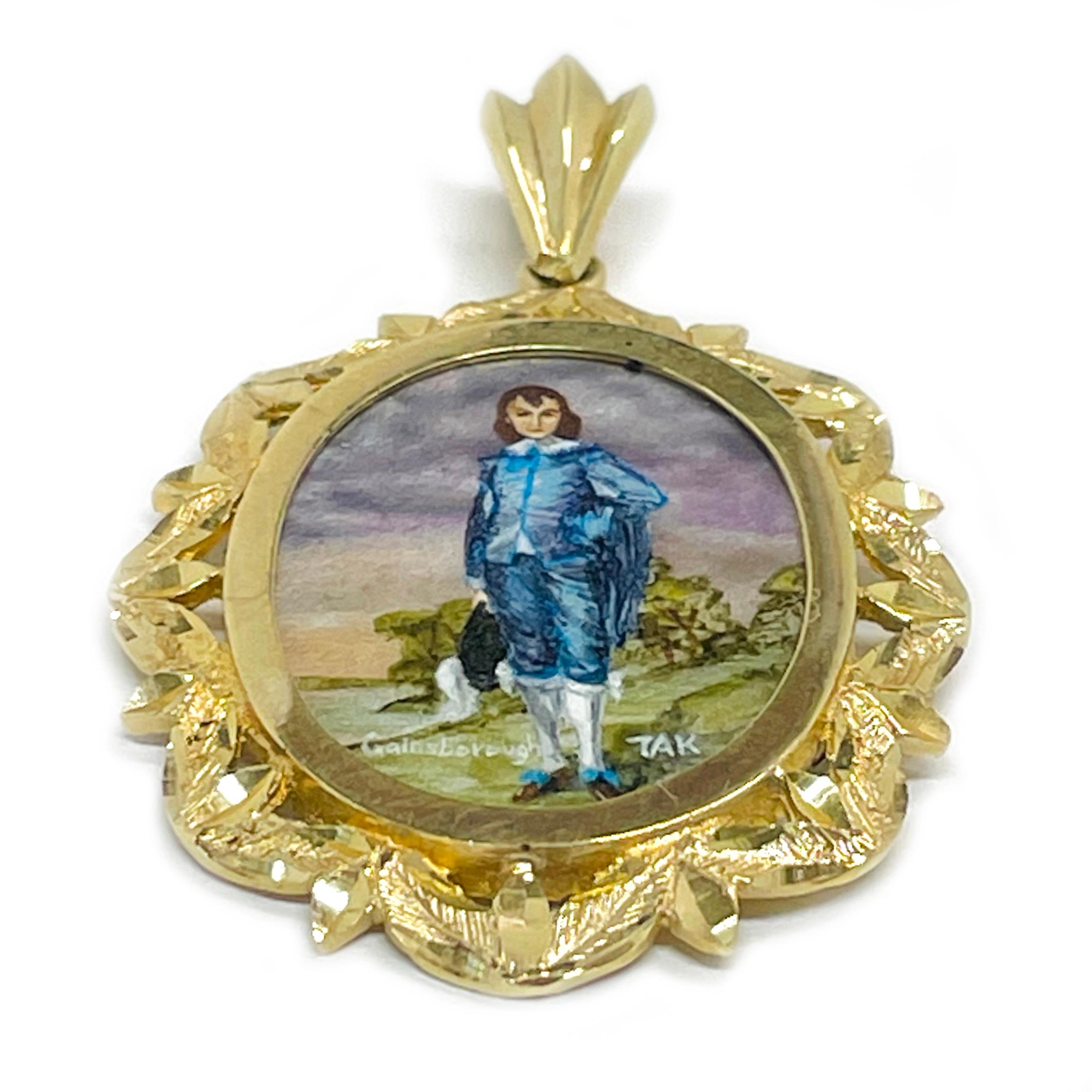 14 Karat Yellow Gold 'Blue Boy' Hand Painted Mother of Pearl Pendant. Absolutely lovely recreated Thomas Gainsborough's 'Blue Boy' painting. The miniature painting is set in a 14 karat gold ornate oval frame with diamond-cut details. The painting is