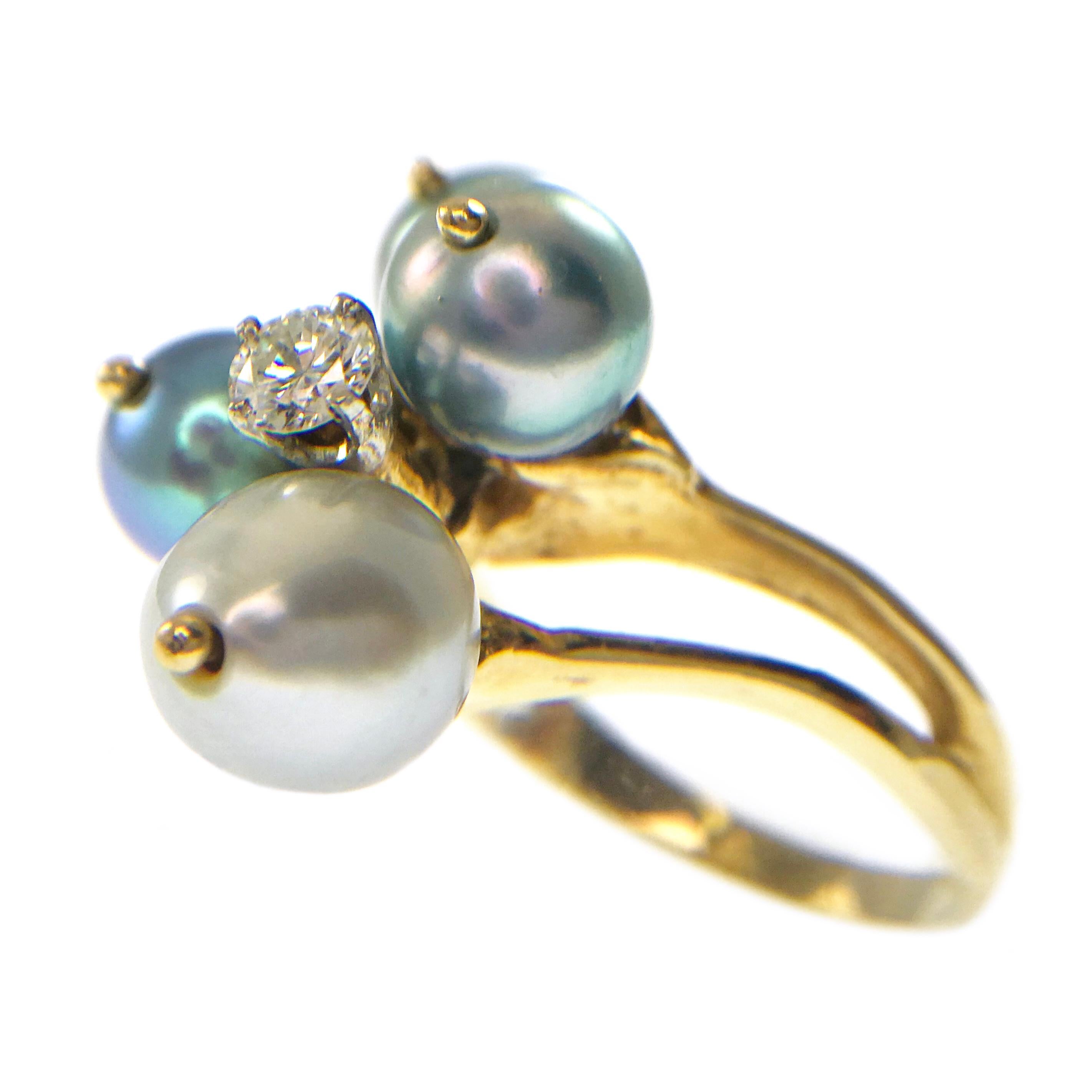 Retro Yellow Gold Blue-Gray Cultured Pearl Diamond Ring For Sale