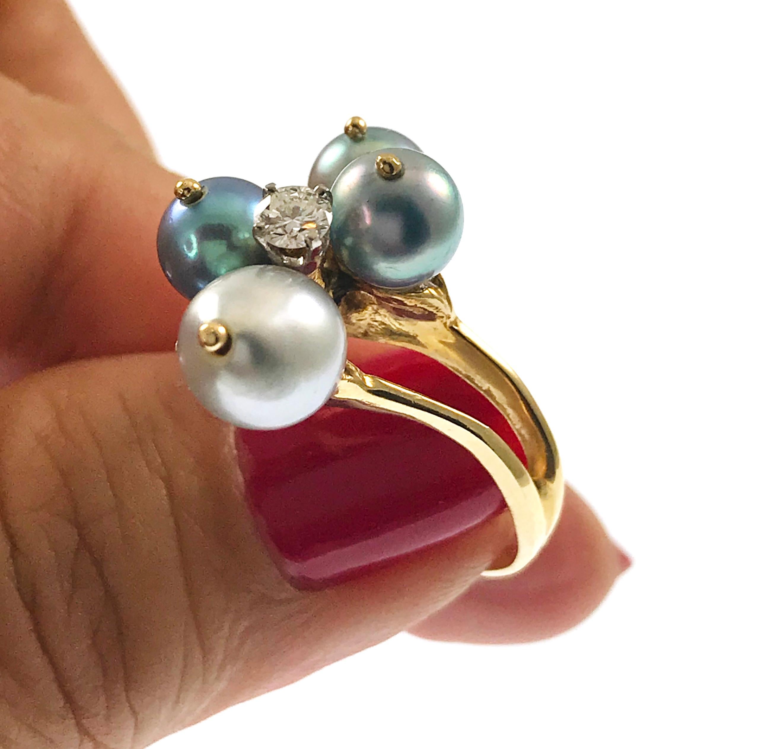 Yellow Gold Blue-Gray Cultured Pearl Diamond Ring In Good Condition For Sale In Palm Desert, CA
