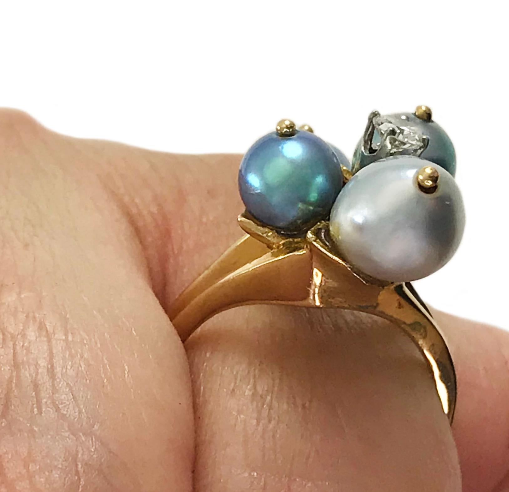 Yellow Gold Blue-Gray Cultured Pearl Diamond Ring For Sale 1