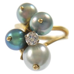 Yellow Gold Blue-Gray Cultured Pearl Diamond Ring