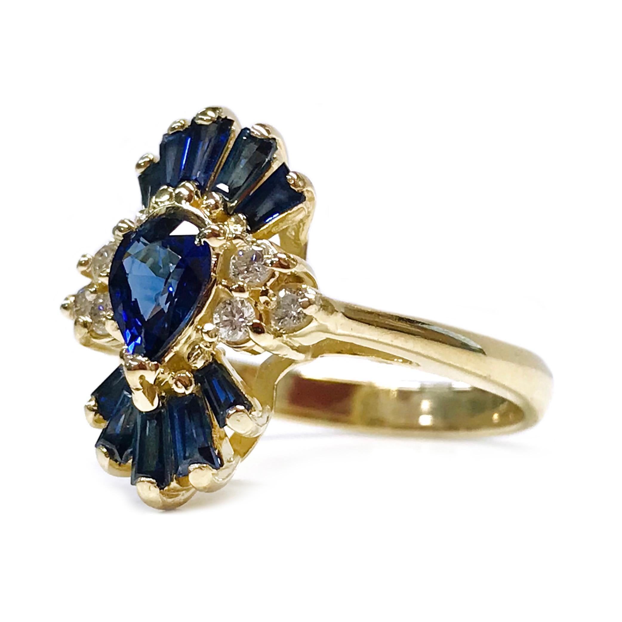 Pear Cut 14 Karat Blue Sapphire Diamond Ring
