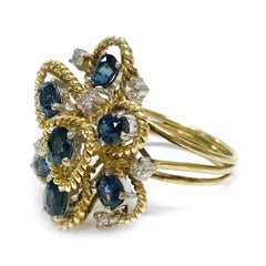 14K Two-Tone Blue Sapphire Diamond Rope Ring, Retro Style, Size 7