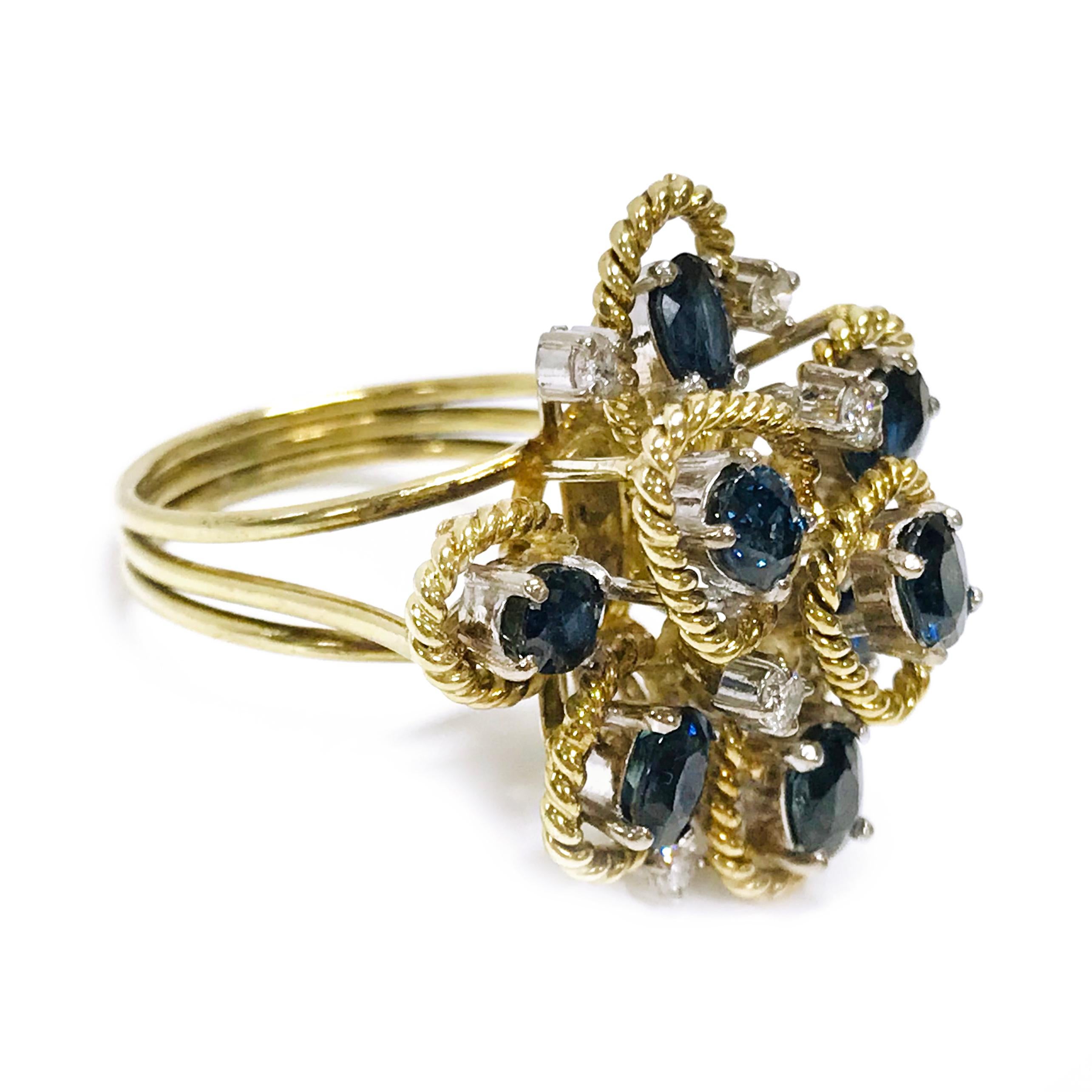 Rétro Bague en corde avec saphir bleu bicolore et diamants en vente