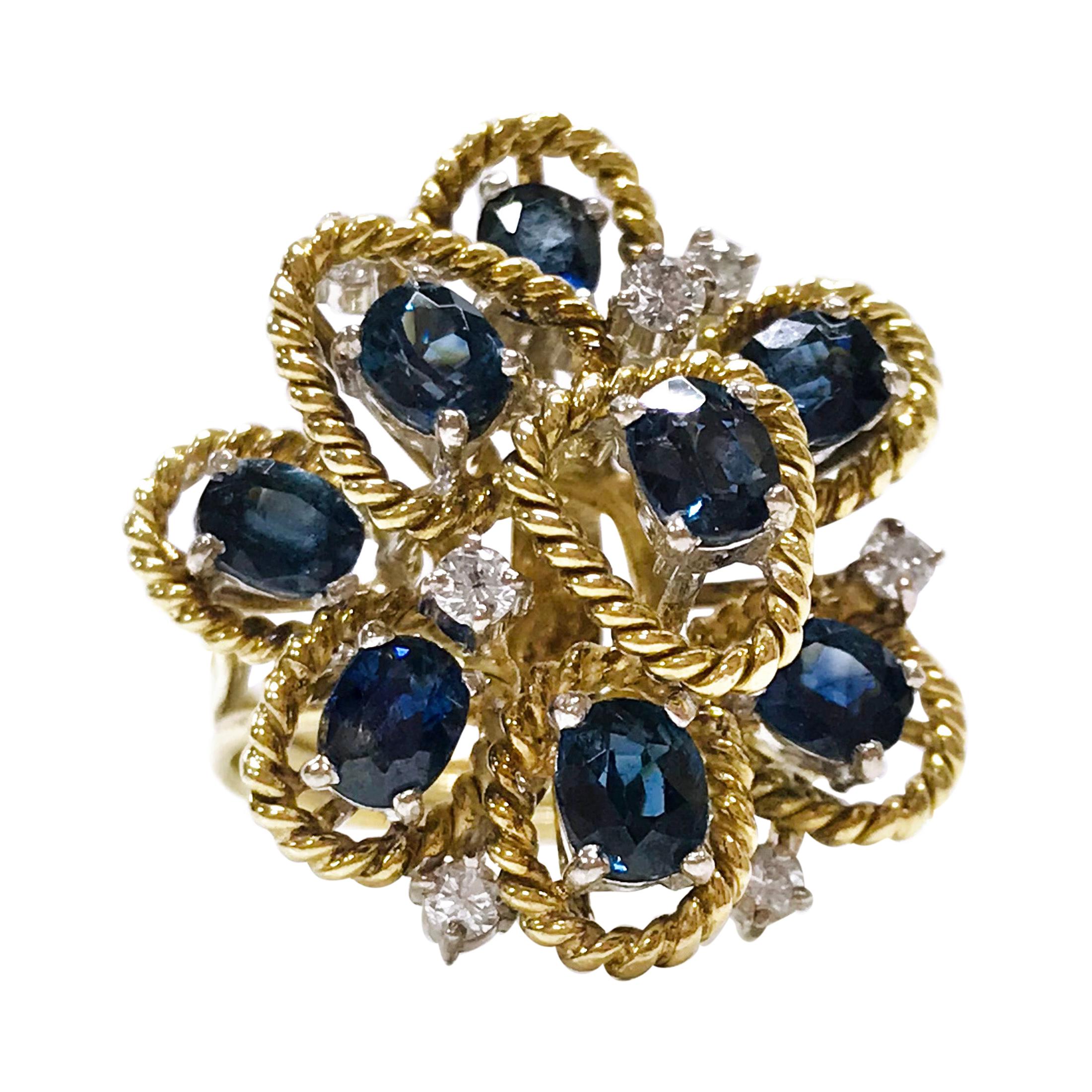 Two-Tone Blue Sapphire Diamond Rope Ring For Sale