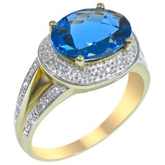 Antique 14 Karat Blue Topaz and Diamond Ladies Ring