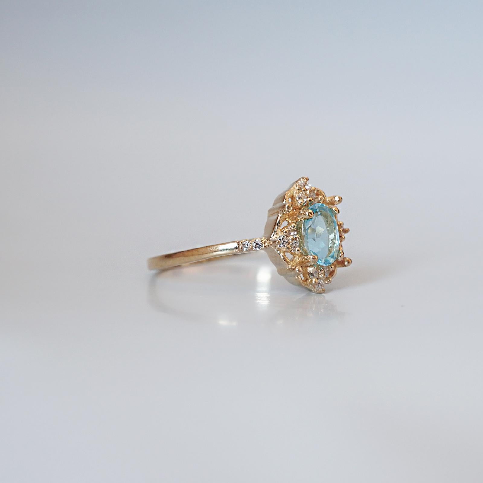 Oval Cut 6x4MM Blue Topaz Diamond Yellow Gold Ring For Sale