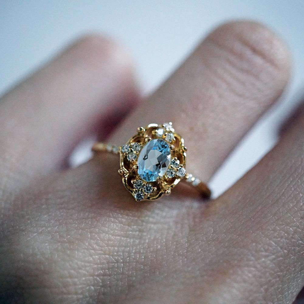 Women's 6x4MM Blue Topaz Diamond Yellow Gold Ring For Sale