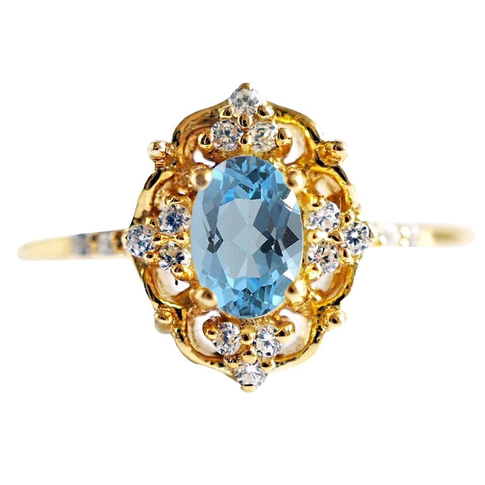 6x4MM Blue Topaz Diamond Yellow Gold Ring For Sale