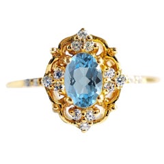 6x4MM Blue Topaz Diamond Yellow Gold Ring