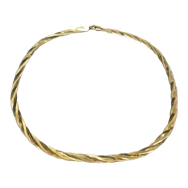 Yellow Gold Braided Herringbone Necklace For Sale at 1stDibs