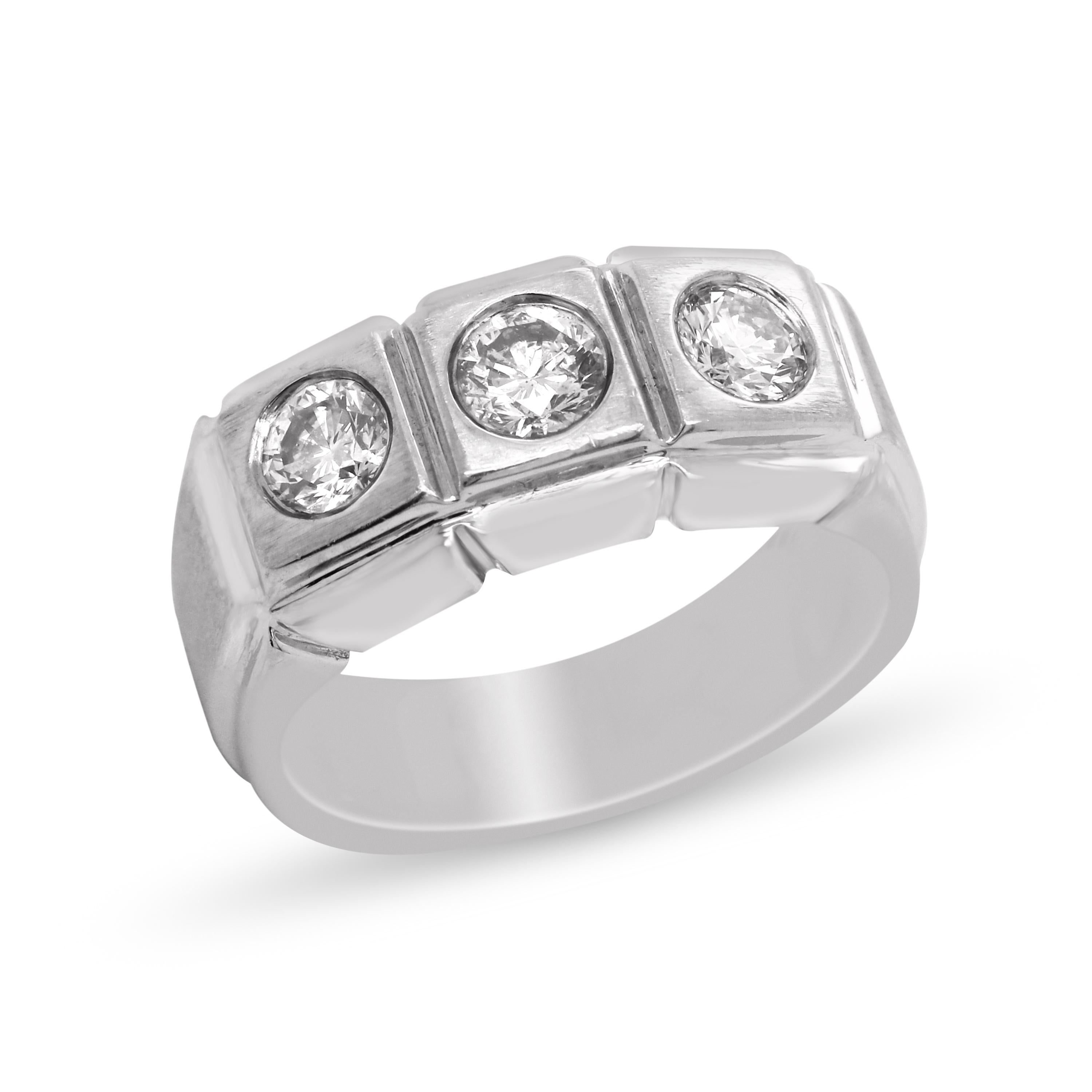 14 Karat Brushed Matte Finish White Gold Diamond Three Stone Mens Ring

This unique ring features a brushed, matte finishing with highlights on the edges. Three diamonds are bezel set in the center.

1.13 carat H color, SI clarity diamonds total