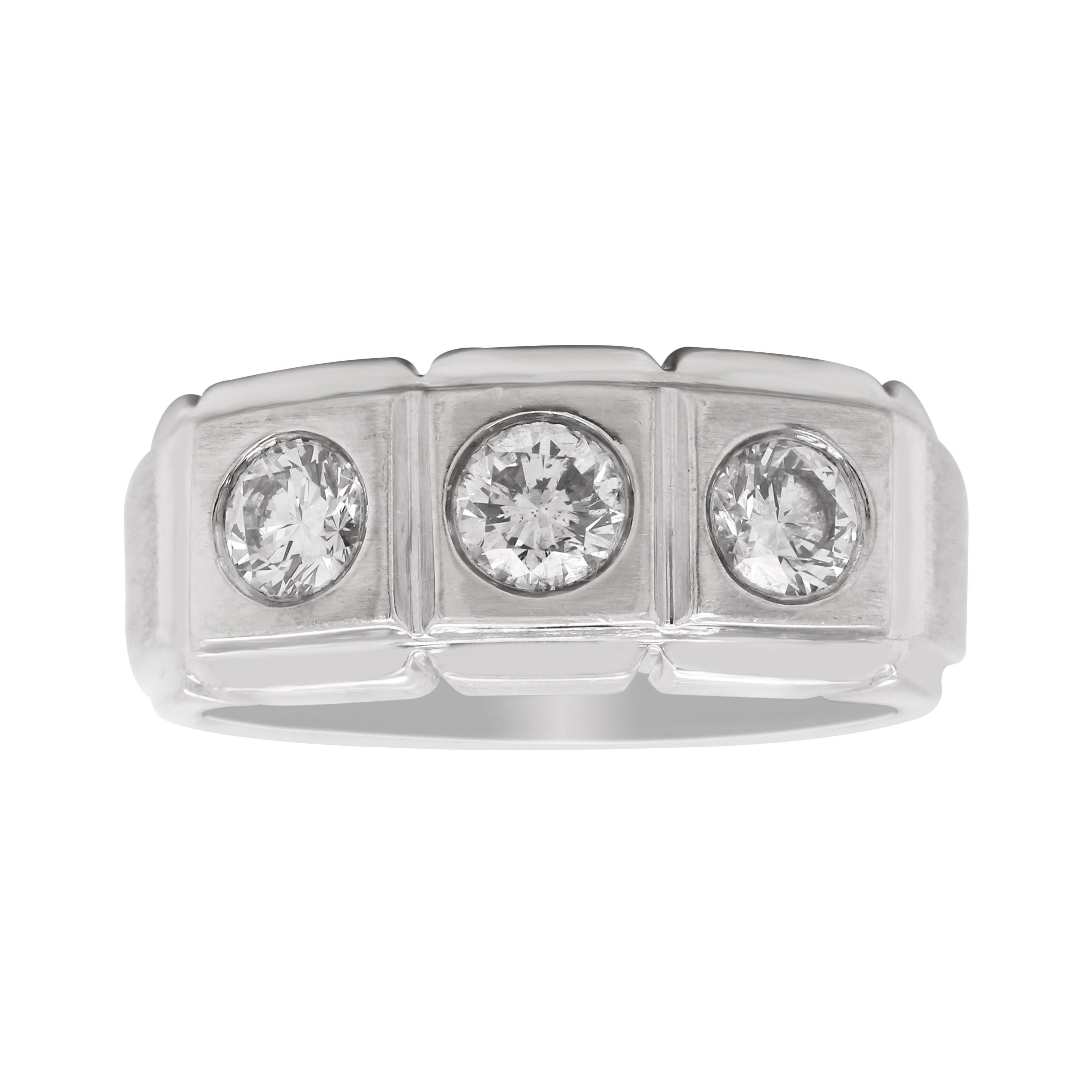 14 Karat Brushed Matte Finish White Gold Diamond Three Stone Men's Ring For Sale