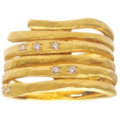 14 Karat Brushed Matte Finished Yellow Gold Band Ring with Hammer Set Diamonds
