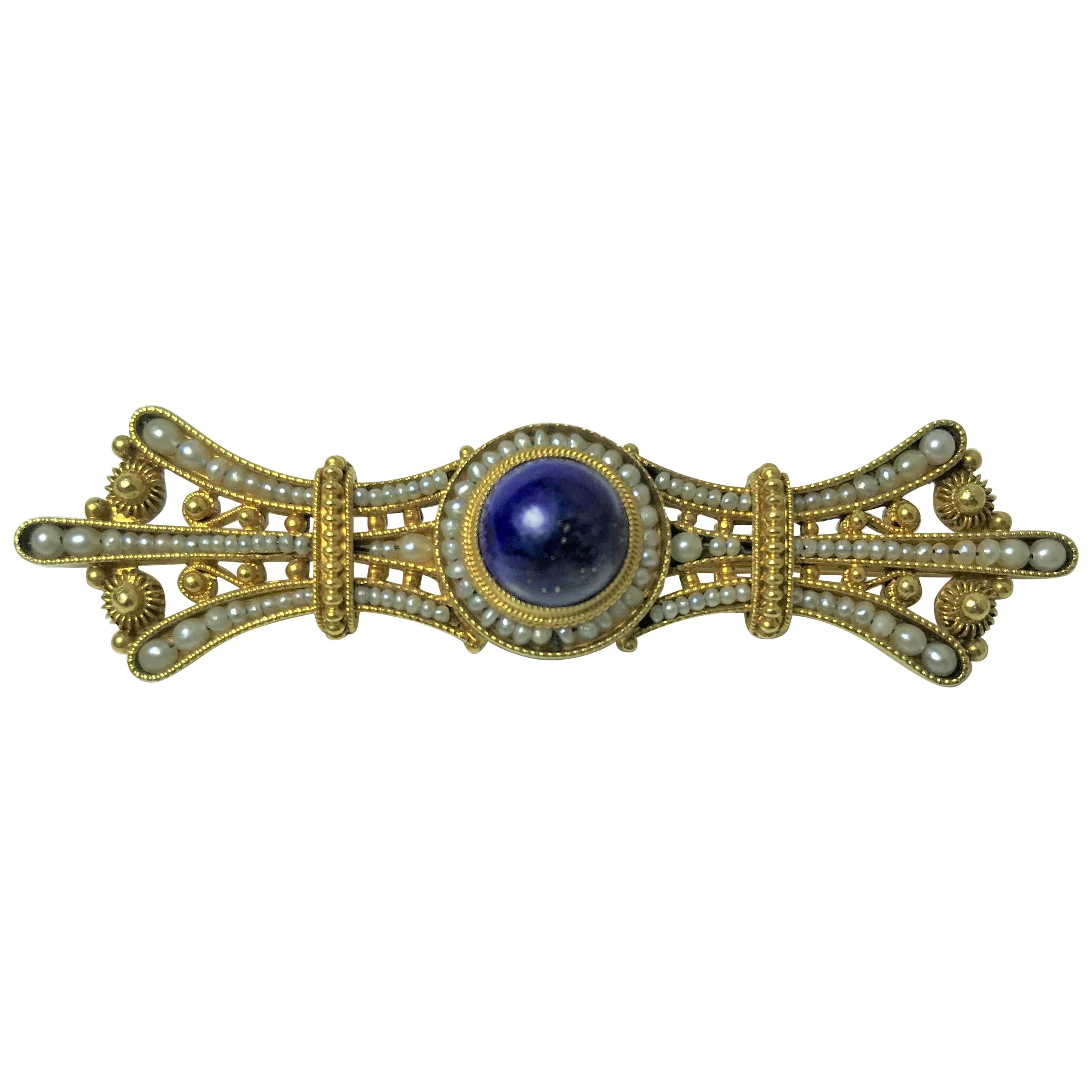 14 Karat Cabochon Lapis Lazuli Seed Pearl Brooch For Sale