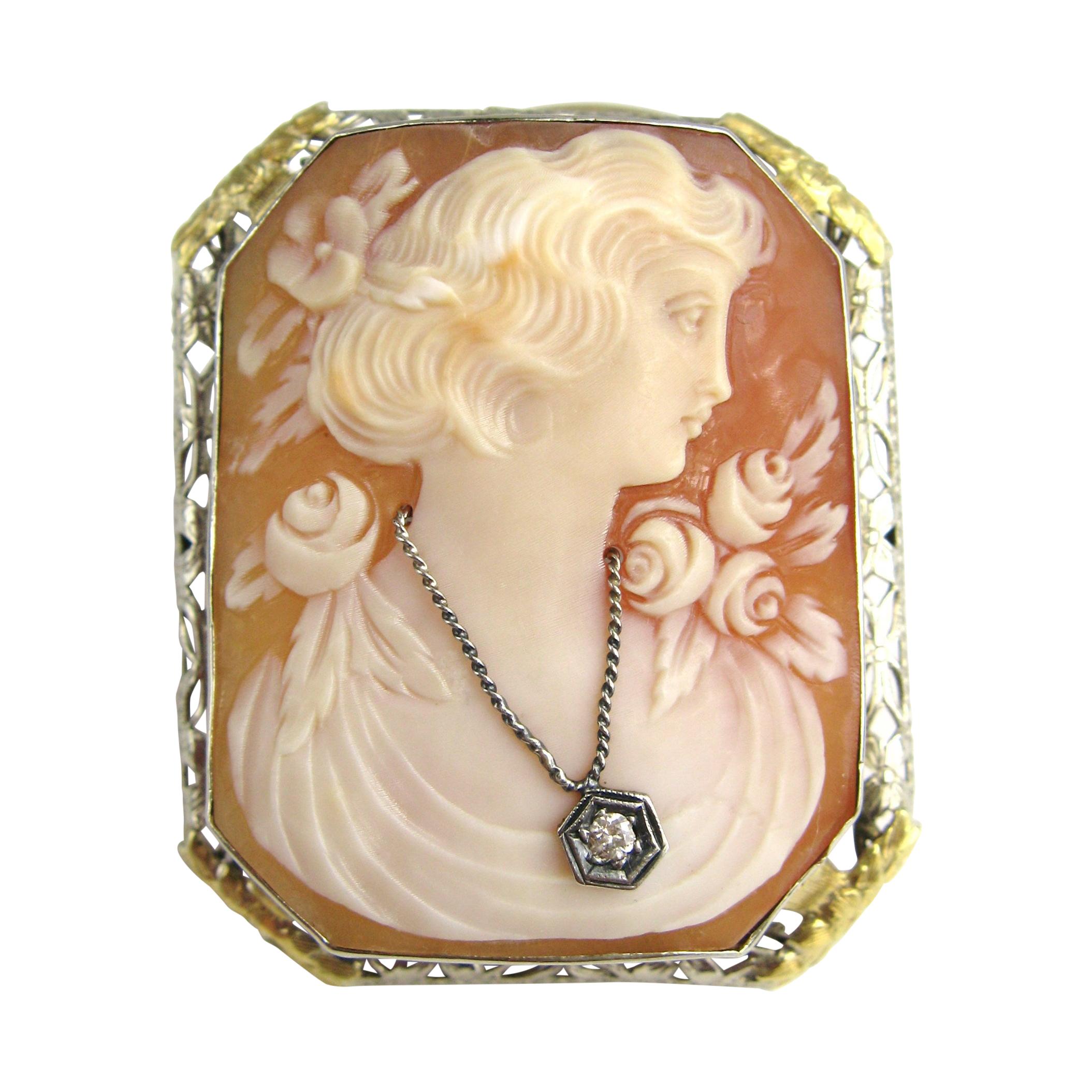 14 Karat Cameo Brooch White and Yellow Gold Frame Victorian Pin For Sale