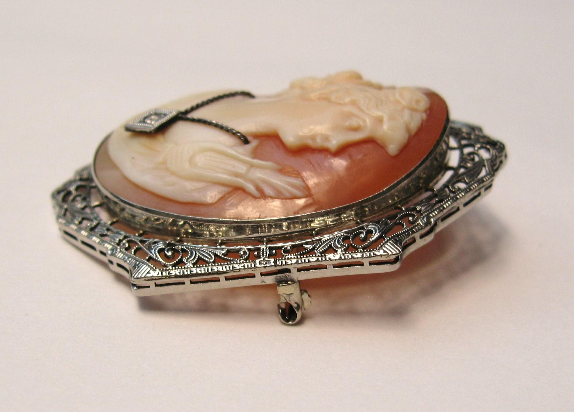 Old Mine Cut 14 Karat Cameo White Gold Brooch Diamond For Sale