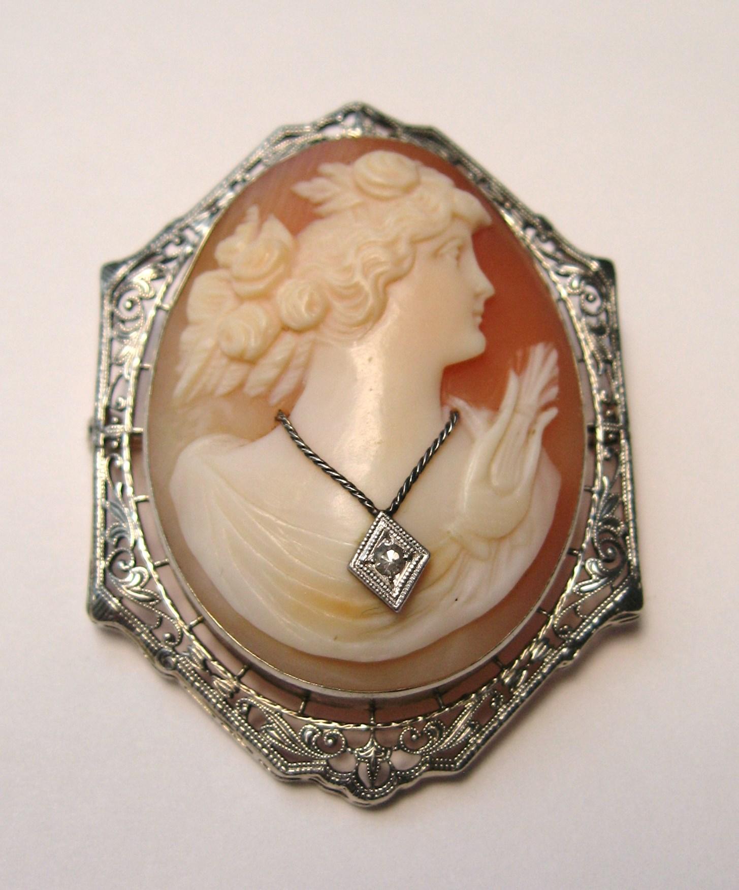 Women's 14 Karat Cameo White Gold Brooch Diamond For Sale