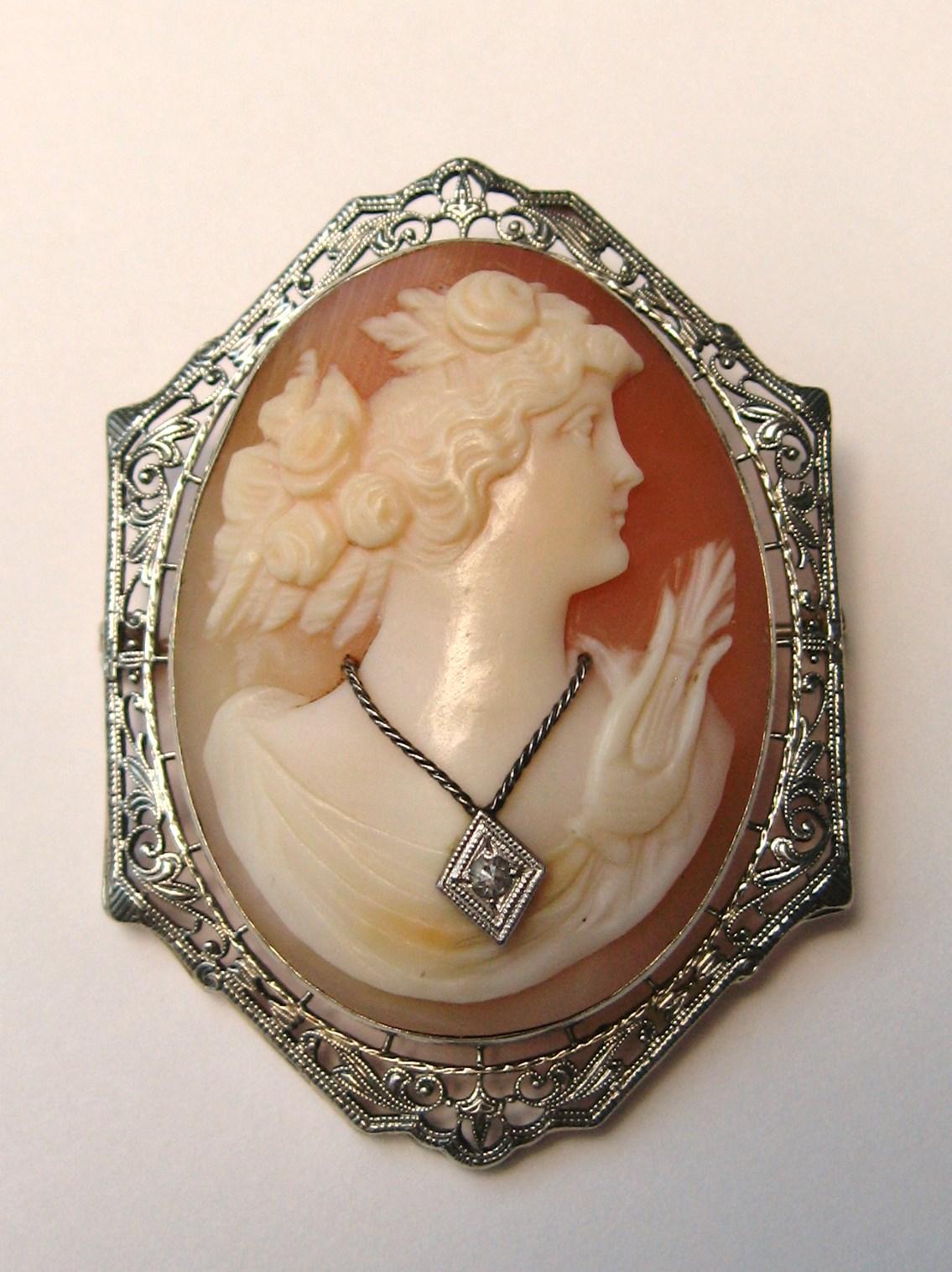 14 Karat Cameo White Gold Brooch Diamond For Sale 3