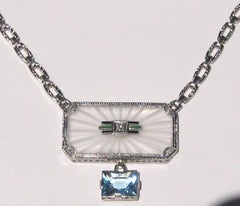 14 Karat Camphor Glass Pendant Necklace Diamond Enamel Aquamarine Drop Art Deco