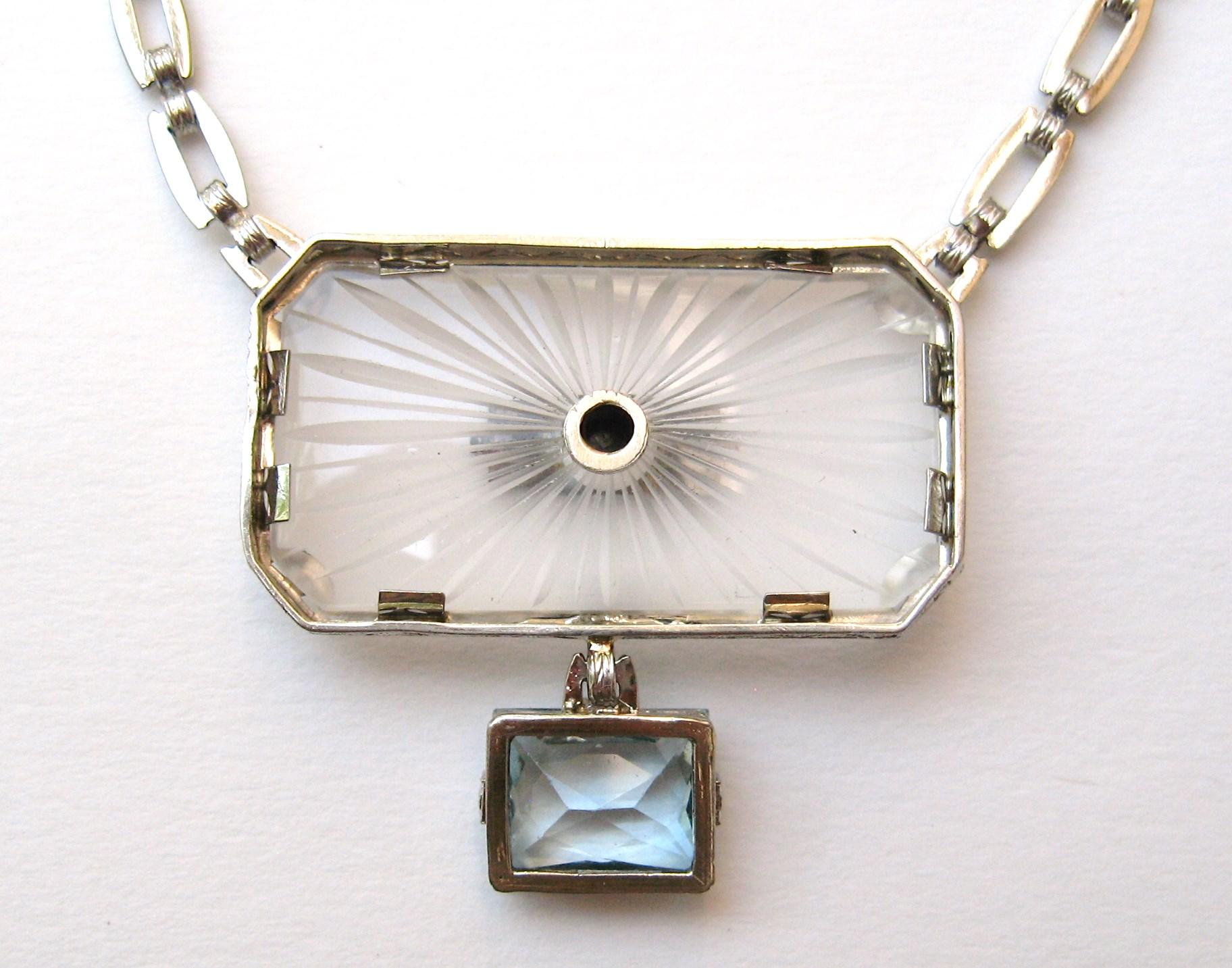 Emerald Cut 14 Karat Camphor Glass Pendant Necklace Diamond Enamel Aquamarine Drop Art Deco For Sale
