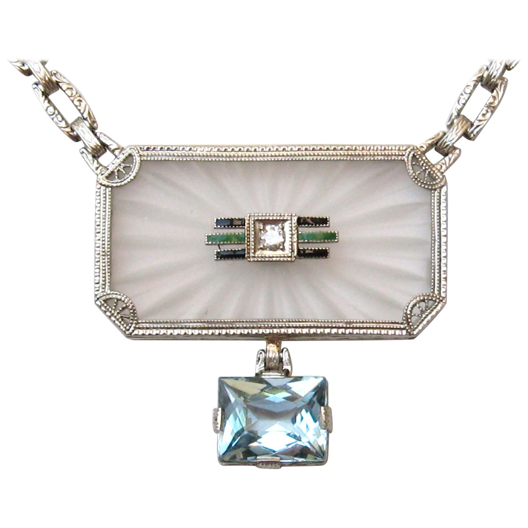 14 Karat Camphor Glass Pendant Necklace Diamond Enamel Aquamarine Drop Art Deco For Sale