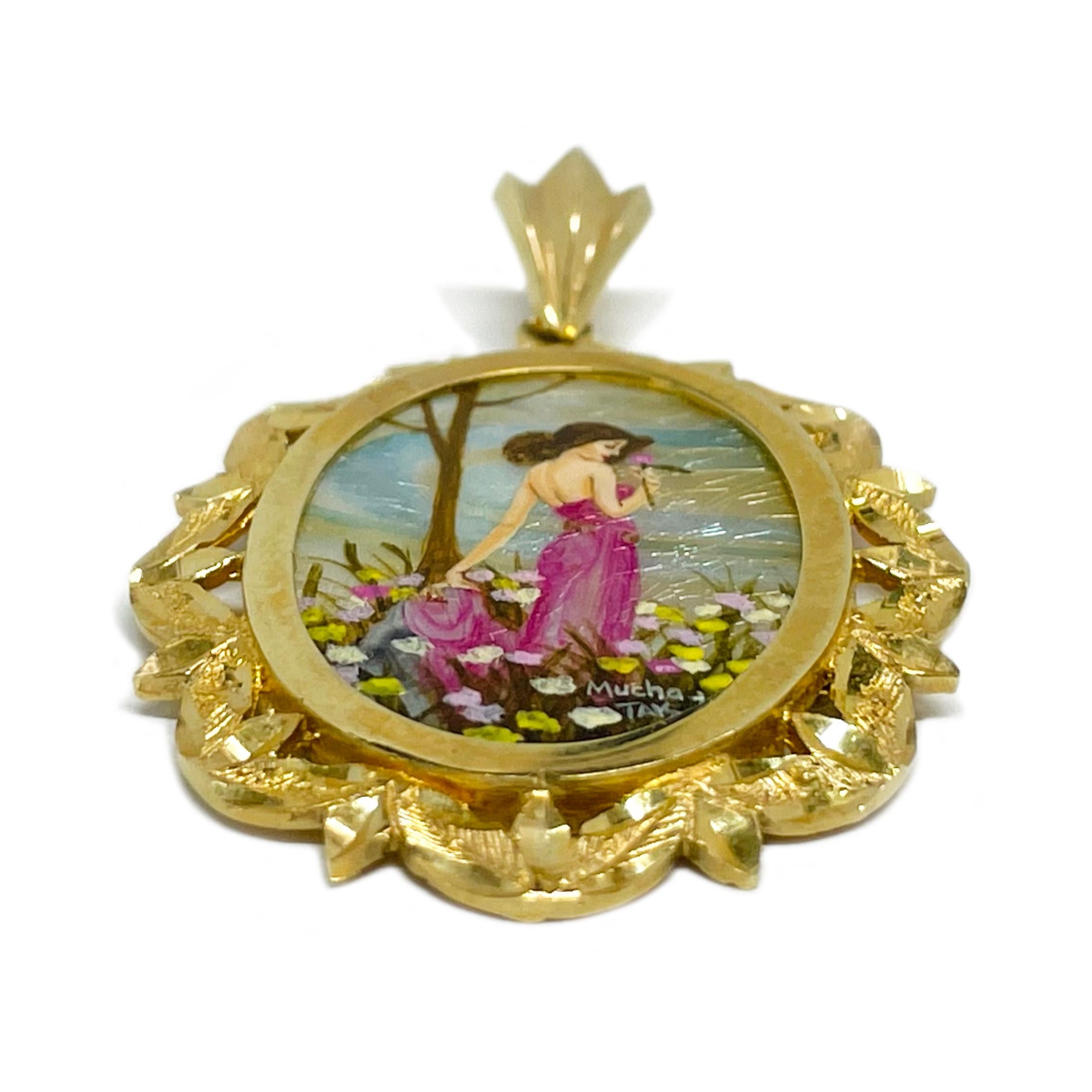 14 Karat Yellow Gold 'Carnation' Hand Painted Mother of Pearl Pendant. Absolutely lovely recreated Alphonse Mucha's 'Carnation' painting. The miniature painting is set in a 14 karat gold oval frame with diamond-cut details. The painting is signed by