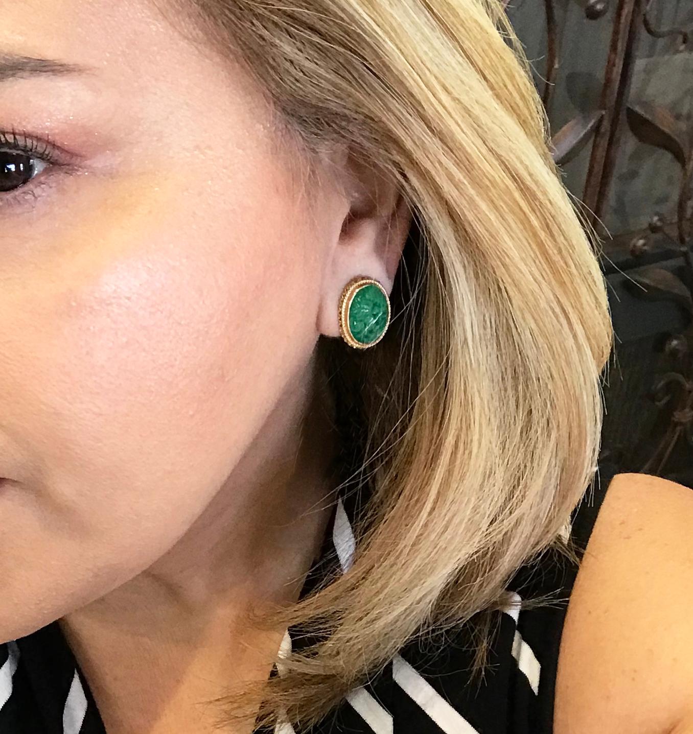Retro 14 Karat Carved Green Jade Clip-On Earrings For Sale