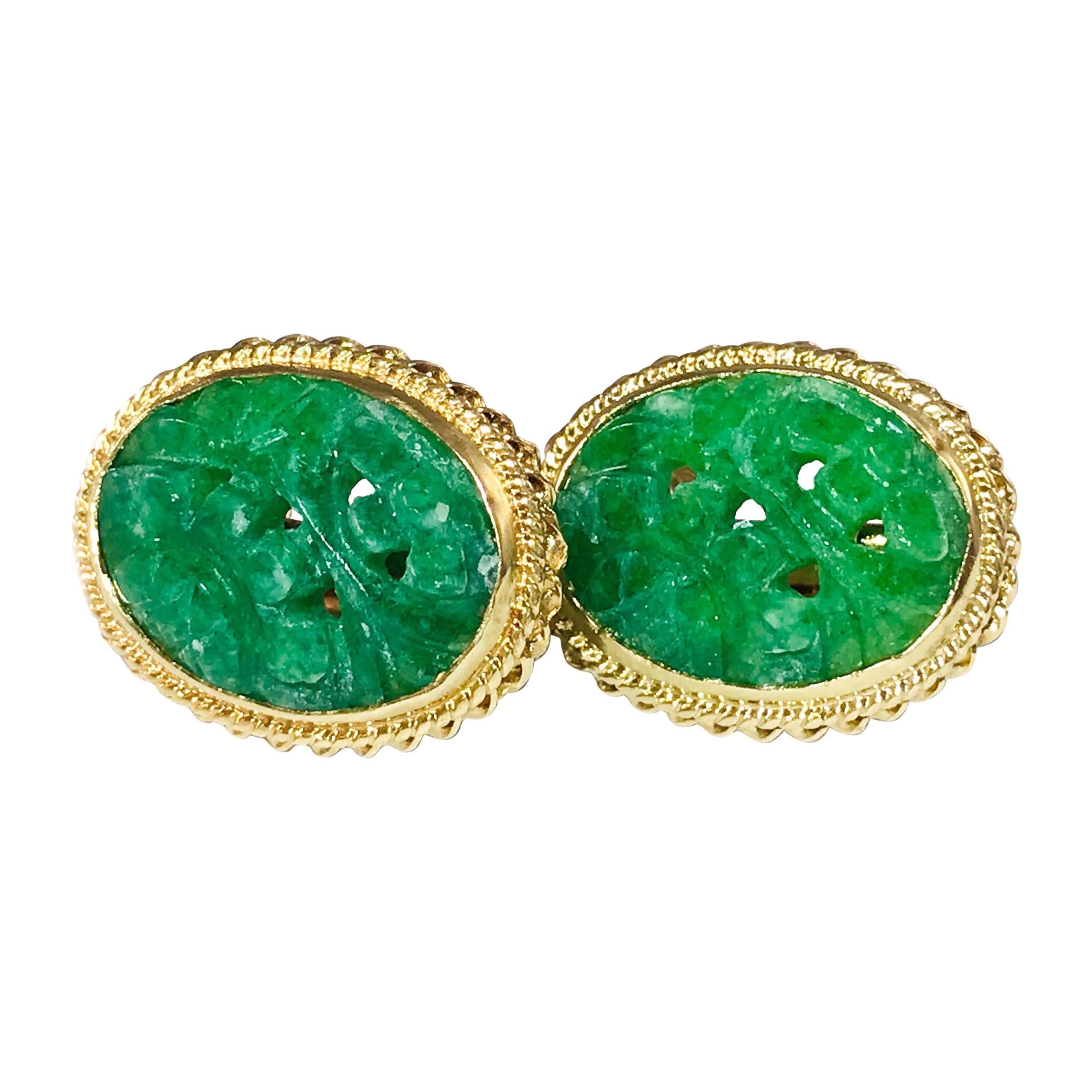 14 Karat Carved Green Jade Clip-On Earrings For Sale