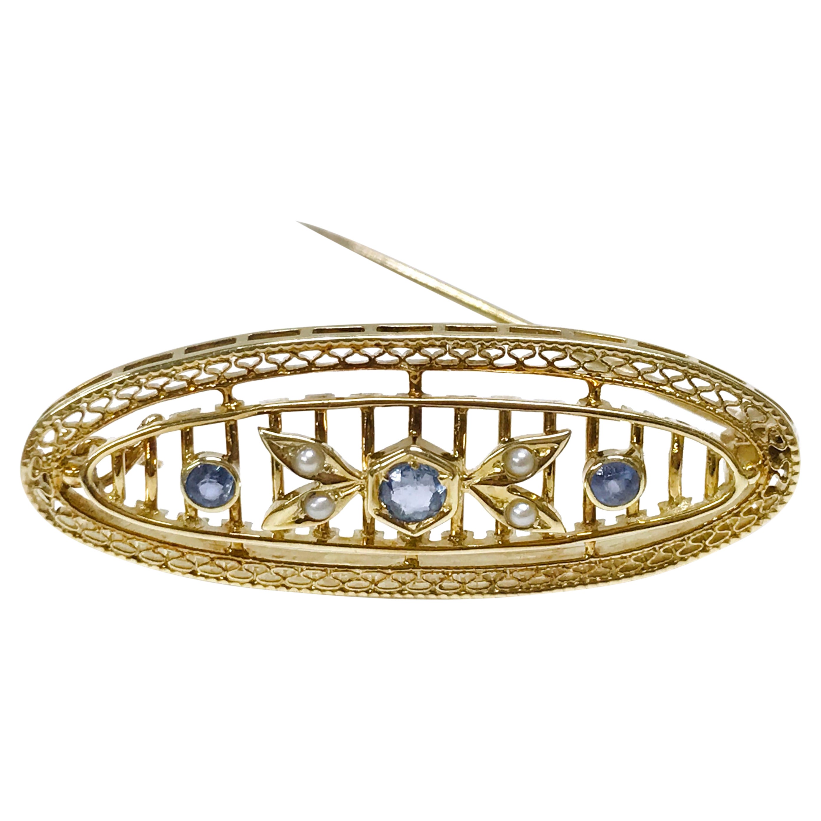 14 Karat Ceylon Sapphire Seed Pearl Brooch